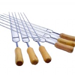 6pcs BBQ Roast Barbecue Needle Skewers Wooden Handle Stainless Steel Fork